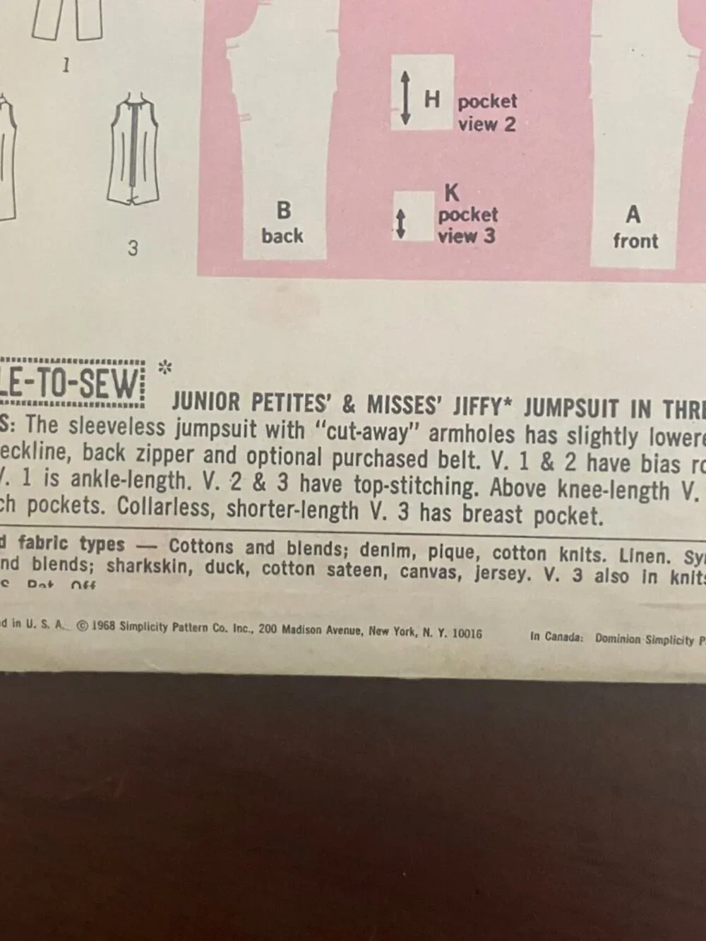 Vintage 1968 Simplicity 7647 Junior & Misses Jiffy Jumpsuit Sewing Pattern Size